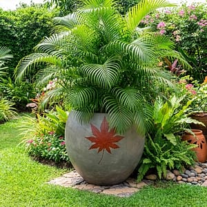 Big round cement planter in cement grey with MK leaf impression